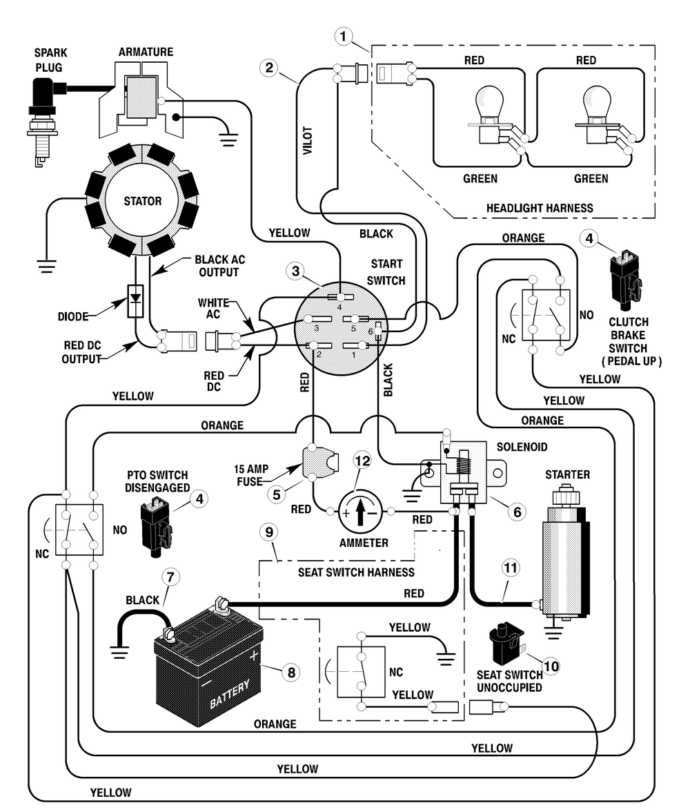 Electrical System Diagram and Parts List for 42571X14B 2001 Briggs and Stratton Lawn Tractor